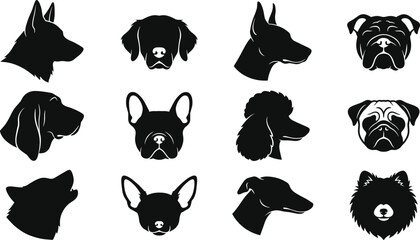 Dog Breed Head Silhouette Collection with German Shepherd, Bulldog, French Bulldog, Poodle, Beagle, Pug, Husky, and Spitz Vector Set © MdNazmul