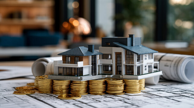 Miniature modern house models resting on neatly stacked gold coins beside rolled architectural blueprints, real estate investment concept, home financing, mortgage planning, property development, pr