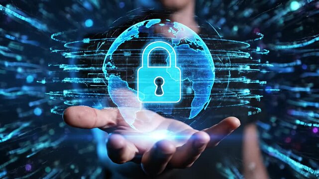 Hand holding digital globe with blue padlock icon.