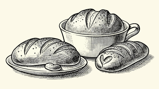 Vintage Hand Drawn Illustration Featuring Rustic Artisan Loaves of Crusty Bread Served on a Classic Plate and in a Ceramic Tea Cup