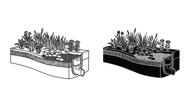 Rain garden or bioretention system cross section illustration, showing plants, soil layers, and drainage pipe for stormwater management