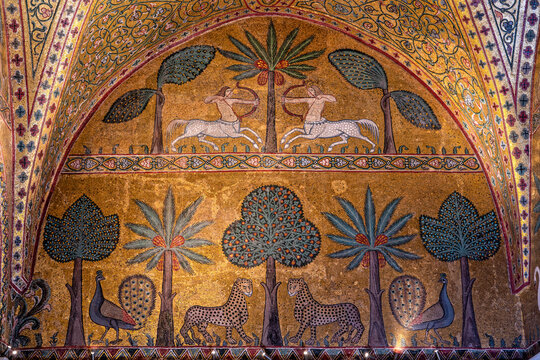Beautiful 12th century mosaic detail with centaurs, leopards and peacocks in Palazzo dei Normanni