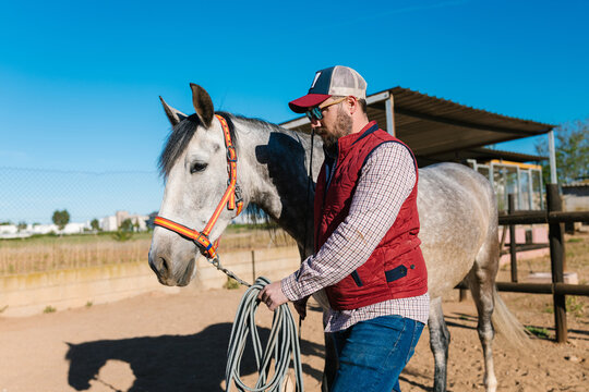 Man leading gray horse at equestrian ranch