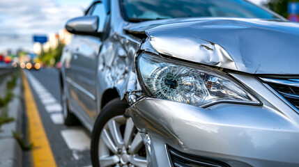 Fototapeta premium Silver compact passenger car showing accident damage parked on the roadside shoulder of a busy highway, dented bodywork, cracked headlight, realistic motor insurance and transportation safety concep