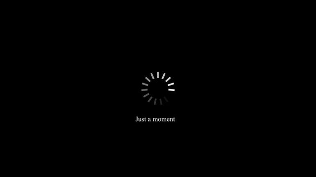 Futuristic buffering and loading interface animation with text Just a moment and spinning wheel preloader loop on black background for digital applications and website UI design
