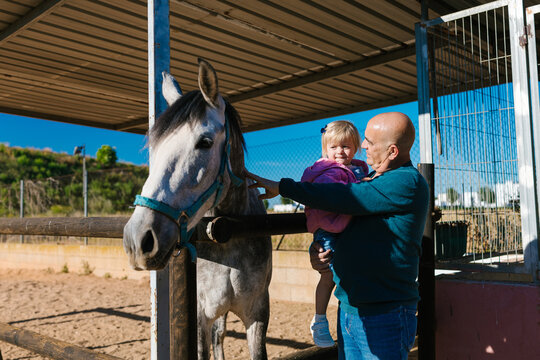 Grandfather and granddaughter petting horse on farm