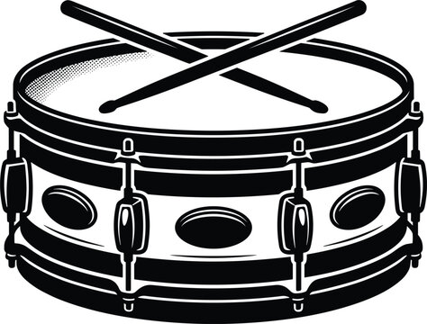 Acoustic snare drum musical instrument with crossed wooden drumsticks for rock band concert performance marching parade vector emblem