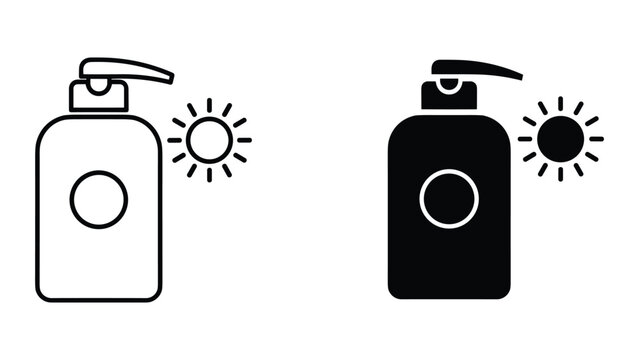 Sunscreen lotion bottle icon set, sun protection cream vector illustration, skincare product symbol, sunblock container with pump dispenser, summer uv protection concept