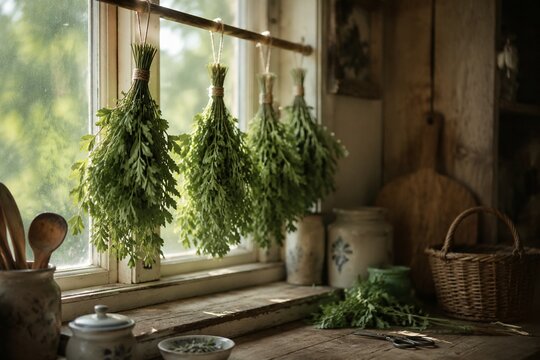 lovage. Rustic kitchen windowsill with bundles of drying lovage herbs on a wooden surface in soft afternoon light. menu design.