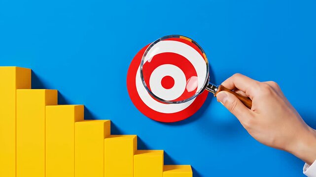 Hand magnifying red target symbol near yellow stairs.