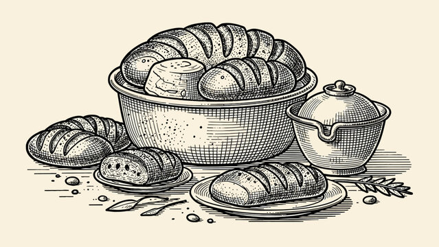Detailed vintage sketch illustration of a rustic bakery spread, featuring an assortment of freshly baked breads and rolls, presented in a classic monochrome engraving style