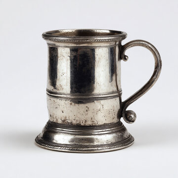 A vintage silver metal tankard mug with horizontal stripes and rustic details, standing upright against a clean, isolated white background.
