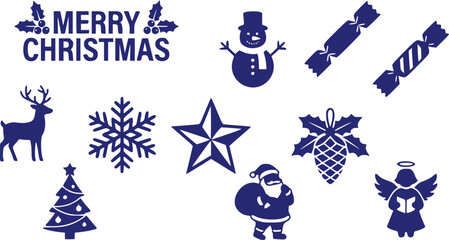 Blue Christmas silhouette vector set featuring a Merry Christmas greeting cute snowmen candy wrappers festive reindeer snowflakes stars pinecones and Santa Claus © Mr. Akash
