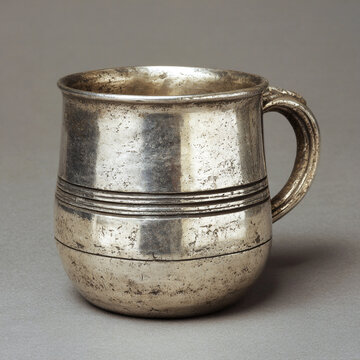 A vintage silver metal tankard mug with horizontal stripes and rustic details, standing upright against a clean, isolated white background.