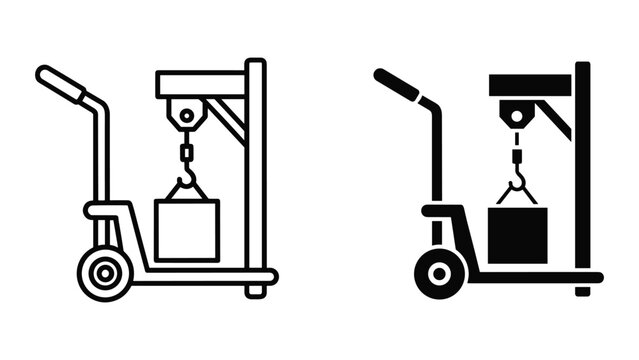 Mobile crane icon set vector illustration of a portable floor crane with a lifting hook and a load, isolated on white background