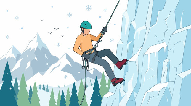 Ice climber rappelling down a frozen mountain in a winter landscape
