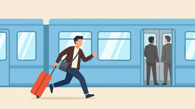 Man running to catch a metro train with luggage, urgency concept illustration