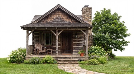 Obraz premium Rustic wooden log cabin featuring a stone chimney and cozy front porch on white background