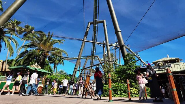 Theme Park Visitors Walking Near Roller Coaster - Time Lapse