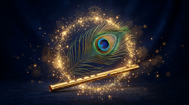 Peacock feather and golden flute. Traditional Indian festival background with magic light.