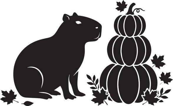 Capybara sitting next to a stack of pumpkins and fall leaves vector illustration, autumn animal decor.