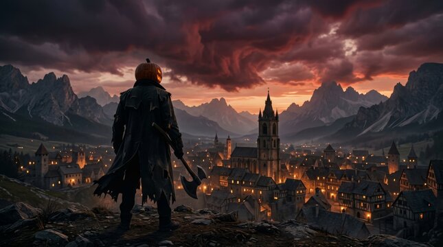 Pumpkin head figure with axe overlooking a medieval town at sunset, featuring dramatic skies and towering mountains on Halloween night