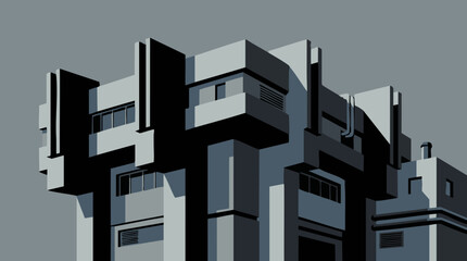 Abstract geometric brutalist architecture in monochrome shades