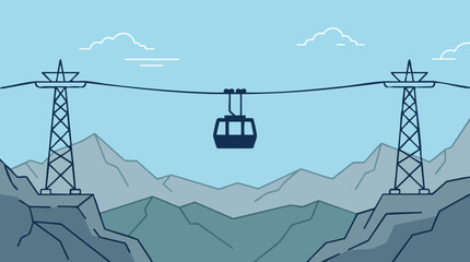 Minimalist cable car over mountains, blue sky and clouds vector illustration © Nomadic