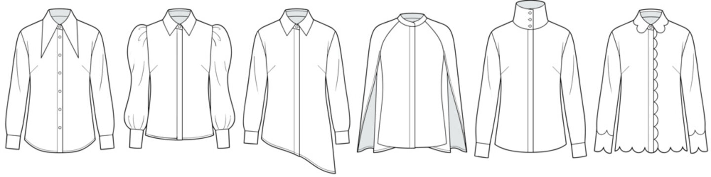 womens fashion blouses with puff sleeves technical drawing fashion flat sketch vector illustration template cad mockup