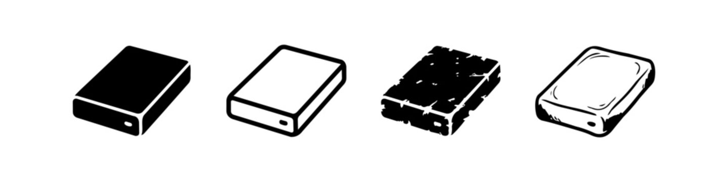 Set of 4 Portable External Hard Drive and Power Bank Icons in Solid, Outline, Grunge, and Hand-Drawn Sketch Styles for Web and Graphic Design