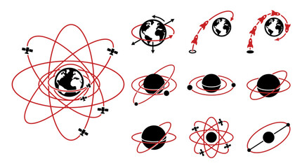 Satellite Orbits Around Earth, Rocket Launch, Space Exploration Icons © LARASWATI