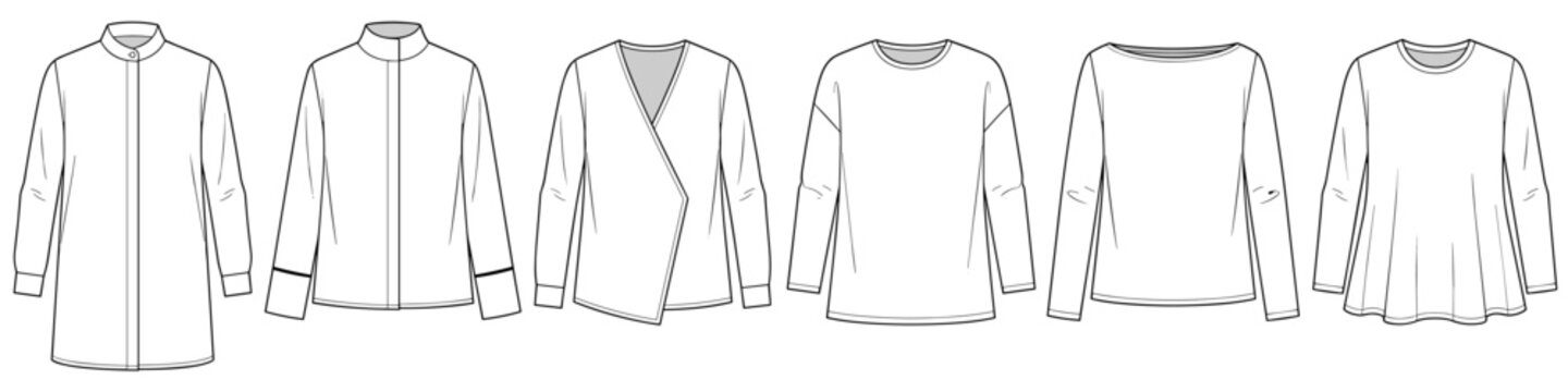 womens minimalist band collar and wrap tops technical drawing fashion flat sketch vector illustration template cad mockup