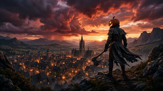 Pumpkin head figure with axe overlooking a medieval town at sunset, featuring dramatic skies and towering mountains on Halloween night