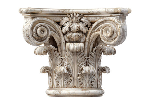 Intricate corinthian capital a testament to classical elegance isolated on transparent background. Ornate classical corinthian column capital with acanthus leaves isolated on white background.