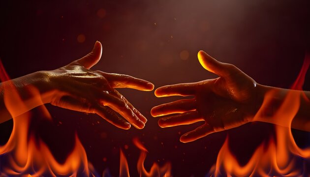 Two human hands reaching towards each other surrounded by intense flames and fire.