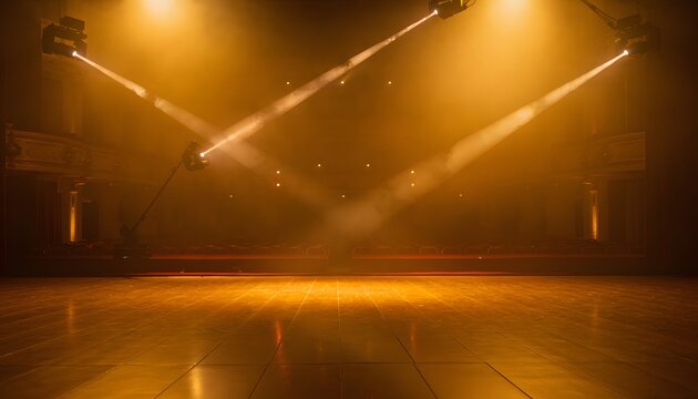 Empty stage with bright warm spotlight beams in a dark theater hall.