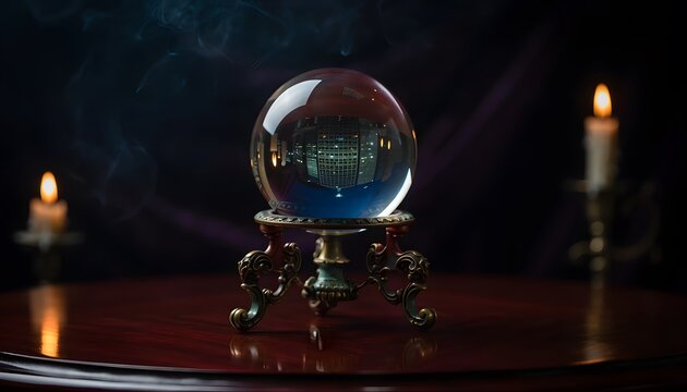 A mystical crystal ball resting on an ornate stand with candles in a dark room.