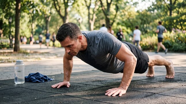 Man Doing Push Ups in Outdoor Park