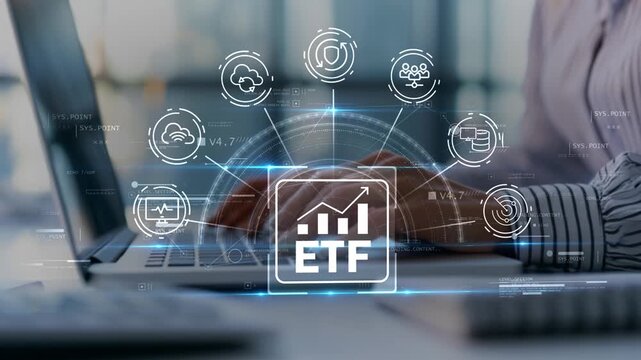 Female business professional managing ETF portfolio with animated investment icon, digital wealth management dashboard, financial analytics and enterprise fintech solutions