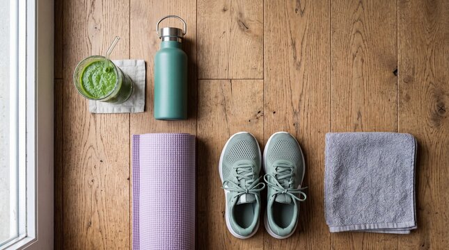 Fitness and wellness essentials with green smoothie on wooden floor