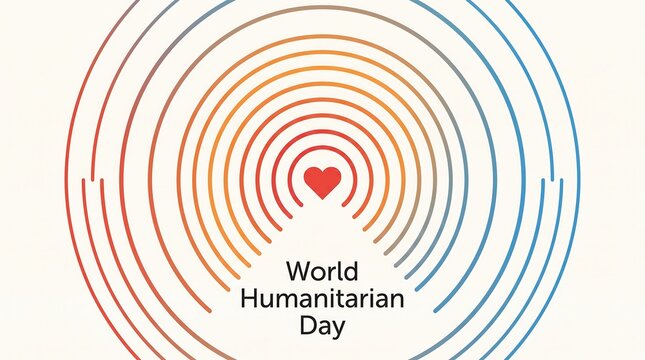 Concentric rainbow colored lines with central heart for World Humanitarian Day