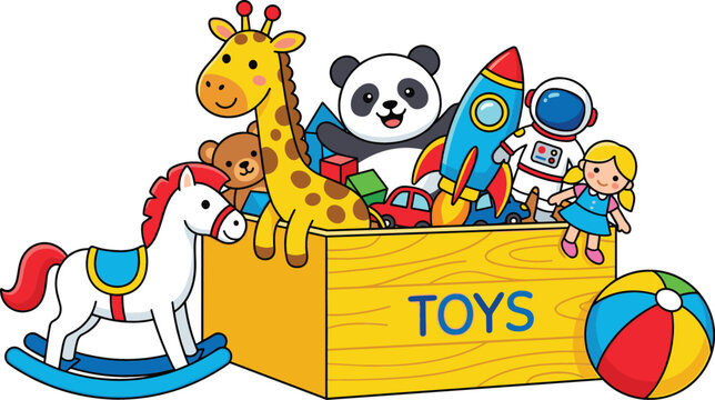 Wooden Toy Box Vector Illustration with Cute Stuffed Animals, Rocket, Astronaut, Doll, Ball, and Rocking Horse for Children Design Projects