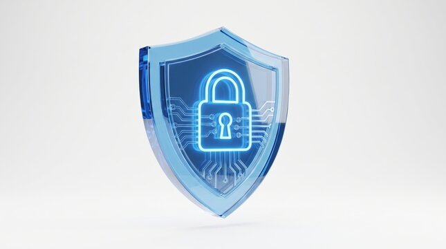 3d render of glowing neon security shield icon with integrated circuit board patterns representing advanced digital protection and network safety isolated on transparent background file.