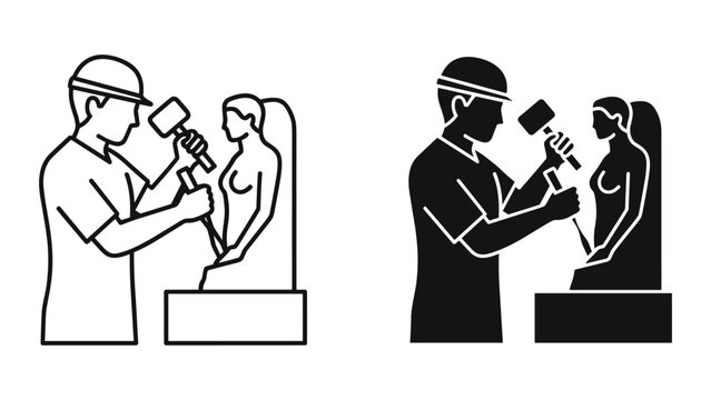 Sculptor carving a statue of a woman with a hammer and chisel icon set