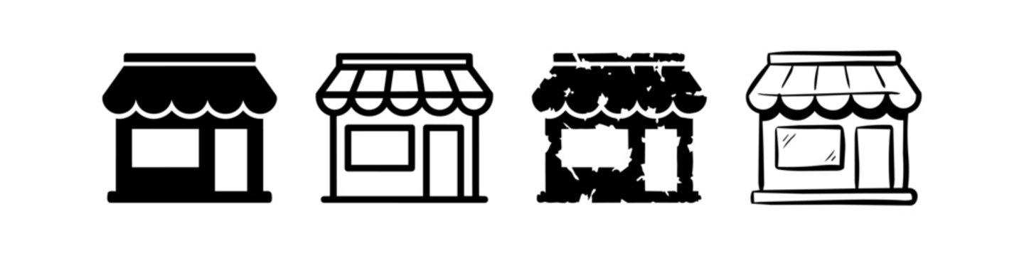 Storefront and Shop Icon Set with Solid, Outline, Grunge, and Hand-Drawn Doodle Styles - Vector Illustration for E-commerce and Business Website Design
