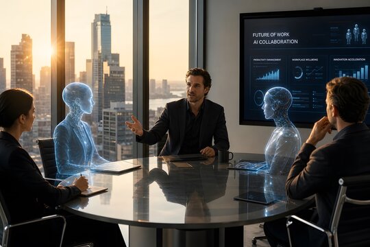 Business professionals collaborating with artificial intelligence holographic avatars in a modern city office boardroom.