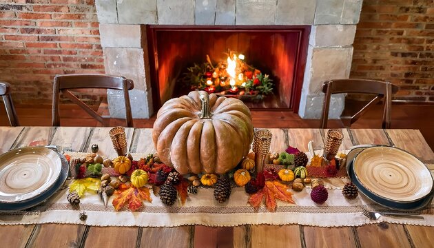 Rustic dining table set with autumn harvest decor