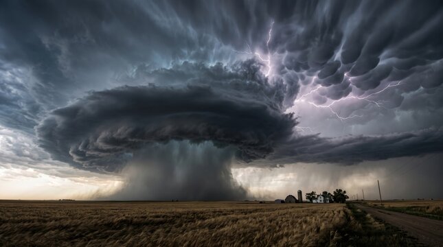 Extremely powerful supercell mesocyclone with intense lightning and heavy downburst over a remote farm