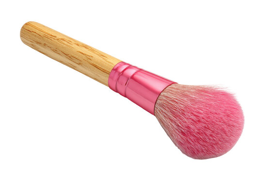 Elegant makeup brush with natural wood handle and soft pink bristles isolated on transparent background. Pink makeup powder puff brush with wooden handle isolated on white background.