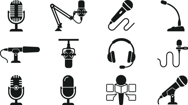 Microphone silhouette icon set with studio mic headset podcast broadcasting and audio recording vector elements